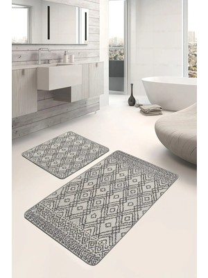 Rem Home Remhome Krem Kahverengi Zeminde Dokuma Halı Motifli Etnik Desenli Etnik Motifler 2'li Banyo Paspas Takımı Takım Banyo Paspası