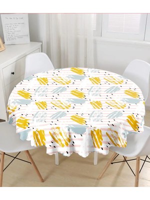 Rem Home Remhome Beyaz Zeminde Sulu Boya Pembe Yan Çizgi Motifli Yuvarlak Masa Örtüsü - Çap 140CM 140 x 140 cm