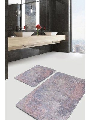 Rem Home Remhome 2'li Set Gri Zeminde Eskitme Motifli Antik Eskitme Motifli Sade & Şık 2'li Banyo Paspas Takımı Takım Banyo Paspası