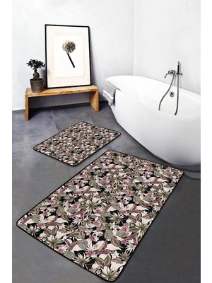 Rem Home Remhome 2'li Siyah Zeminde Floral Motifli Çiçek Desenli Floral Sade & Şık 2'li Banyo & Mutfak Paspas Takımı Takım Banyo Paspası