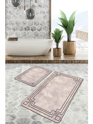 Rem Home Remhome Krem - Kahverengi Zeminde Çerçeveli Motifli Eskitme Sade & Şık Geometrik 2'li Banyo Paspas Takımı Takım Banyo Paspası