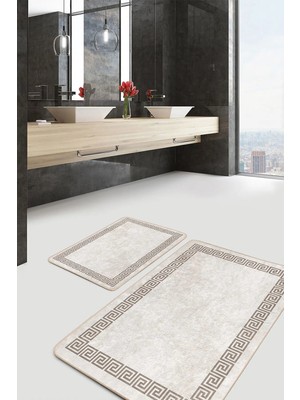 Rem Home Remhome Krem Kahverengi Zeminde Çerçeveli Motifli Antika Desenli Eskitme Motifli 2'li Banyo Paspas Takımı Takım Banyo Paspası