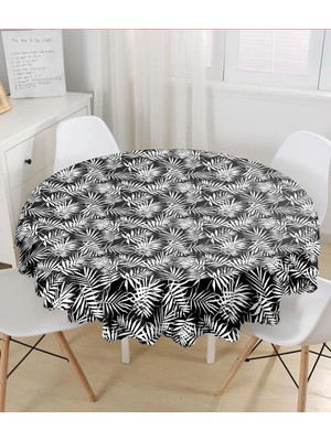 Rem Home Remhome Siyah Zeminde Beyaz Yaprak Tasarımlı Dijital Baskılı Yuvarlak Masa Örtüsü - Çap 140CM 140 x 140 cm