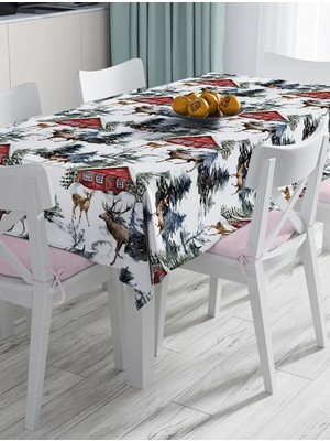 Rem Home Remhome Kar Zeminli Geyik & Çam Ağacı Tasarımlı Dijital Baskılı Dekoratif Masa Örtüsü 90 x 90 cm