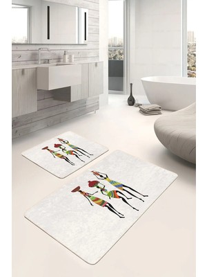 Rem Home Remhome 2'li Set Beyaz Zeminde Afrika Kadın Motifli Etnik Etnik Motifler Klasik 2'li Banyo Paspas Takımı Takım Banyo Paspası