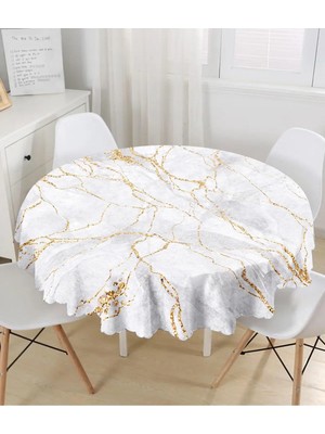 Rem Home Remhome Renkli Zemin Üzerinde Gold Detaylı Mermer Desenli Modern Yuvarlak Masa Örtüsü - Çap 140CM 140 x 140 cm
