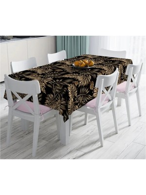 Rem Home Remhome Siyah Zeminde Altın Renkli Yapraklar Desenli Leke Tutmaz Masa ÖRTÜSÜ-120X140 cm