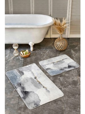 Rem Home Remhome Mavi - Gri Zeminde Kanvas Motifli Duvar Sade & Şık Eskitme Motifli 2'li Banyo & Mutfak Paspas Takımı Takım Banyo Paspası