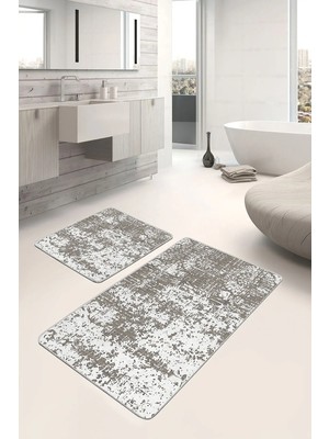 Rem Home Remhome Kahverengi - Beyaz Zeminde Dokuma Motifli Antik Desenli Eskitme Motifli 2'li Banyo Paspas Takımı Takım Banyo Paspası