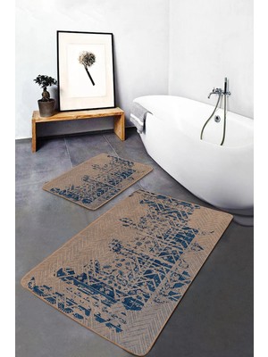 Rem Home Remhome Bej - Mavi Zeminde Otantik Motifli Kilim Eskitme Motifli Vintage 2'li Banyo & Mutfak Paspas Takımı Takım Banyo Paspası