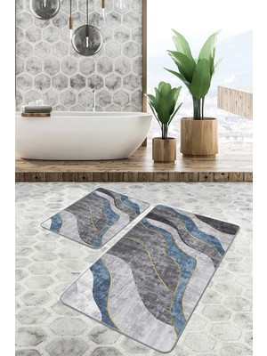 Rem Home Remhome Füme - Mavi Zeminde Kanvas Motifli Modern Sanat Sade & Şık Klasik 2'li Banyo & Mutfak Paspas Takımı Takım Banyo Paspası
