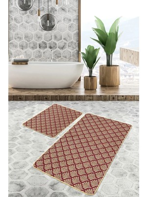 Rem Home Remhome 2'li Bordo Zeminde Altın Motifli Yaprak Desenli Floral Sade & Şık 2'li Banyo & Mutfak Paspas Takımı Takım Banyo Paspası