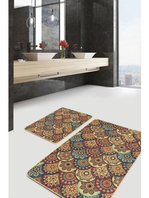 Rem Home Remhome 2'li Hardal Zeminde Etnik Motifli Kilim Desenli Vintage Geometrik 2'li Banyo & Mutfak Paspas Takımı Takım Banyo Paspası
