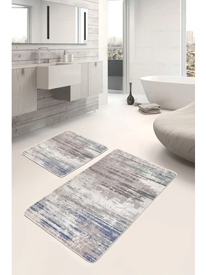 Rem Home Remhome 2'li Set Düz Zeminde Halı Motifli Çizik Desenli Eskitme Motifli Sade & Şık 2'li Banyo Paspas Takımı Takım Banyo Paspası