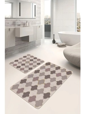 Rem Home Remhome Kahverengi - Bej Zeminde Morrocan Motifli Etnik Geometrik Sade Şık 2'li Banyo Mutfak Paspas Takımı Takım Banyo Paspası