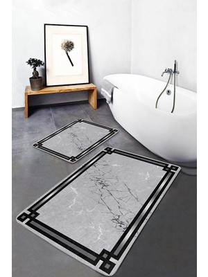 Rem Home Remhome Gri - Siyah Zeminde Çerçeveli Motifli Mermer Geometrik Sade & Şık 2'li Banyo & Mutfak Paspas Takımı Takım Banyo Paspası