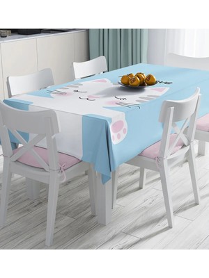 Rem Home Remhome Mavi Zeminde My Love Yazılı Sevimli Kedicik Desenli Dijital Baskılı Masa Örtüsü 90 x 90 cm