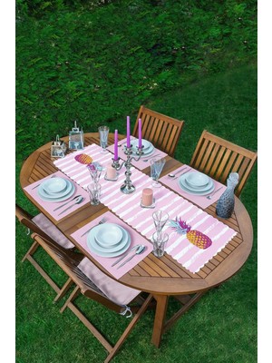 Rem Home Remhome Canlı Renkli Ananas Motifli Dijital Baskılı 1 Adet Runner & 4 Adet Toz Pembe Renkli Amerikan Servis