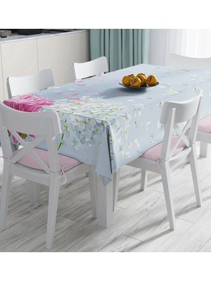 Rem Home Remhome Mavi Zeminde Fuşya Beyaz Ortanca Çiçeği Baskılı Dijital Baskılı Masa Örtüsü 90 x 90 cm