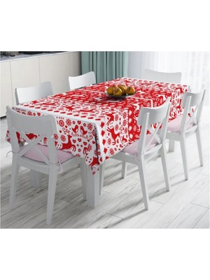 Rem Home Remhome Kırmızı Beyaz Yılbaşı Geyikleri Dijital Baskılı Leke Tutmaz Masa ÖRTÜSÜ-120X140 cm