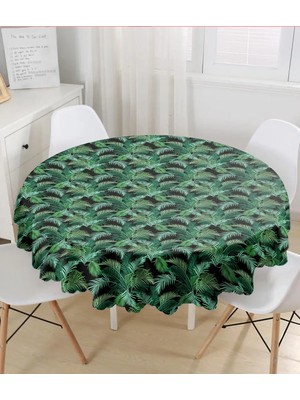 Rem Home Remhome Siyah Zemin Üzerinde Yeşil Yaprak Desenli Yuvarlak Masa Örtüsü 140 x 140 cm