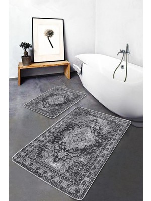 Rem Home Remhome 2'li Set Gri Zeminde Yöresel Motifli Eskitme Avangarde Eskitme Motifli 2'li Banyo Paspas Takımı Takım Banyo Paspası