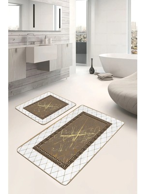 Rem Home Remhome 2'li Set Beyaz- Gold Zeminde Çerçeveli Motifli Otantik Geometrik Klasik 2'li Banyo Paspas Takımı Takım Banyo Paspası