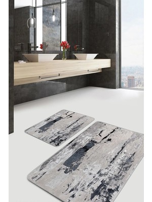 Rem Home Remhome Bej - Siyah Zeminde Eskitme Motifli Duvar Eskitme Motifli Vintage 2'li Banyo & Mutfak Paspas Takımı Takım Banyo Paspası