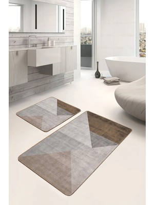 Rem Home Remhome Kahverengi - Gri Zeminde Geometrik Motifli Üçgen Sade Şık Geometrik 2'li Banyo Mutfak Paspas Takımı Takım Banyo Paspası