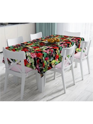 Rem Home Remhome Siyah Zeminde 3D Tropikal Papağanlar Modern Leke Tutmaz Masa ÖRTÜSÜ-120X140 cm