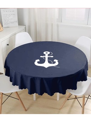 Rem Home Remhome Lacivert Zeminli Çapa Desenli Dijital Baskılı Modern Yuvarlak Masa Örtüsü - Çap 140CM 140 x 140 cm