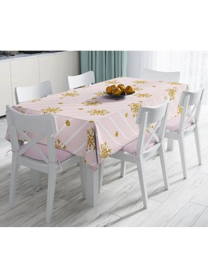 Rem Home Remhome Pembe Zeminde Kartanesi Detaylı Özel Tasarım Leke Tutmaz Masa ÖRTÜSÜ-120X140 cm 90 x 90 cm