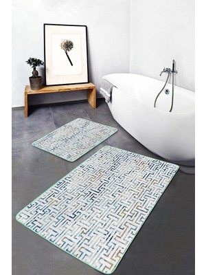 Rem Home Remhome Mavi Zeminde Geometrik Motifli Eskitme Desenli Geometrik Klasik 2'li Banyo & Mutfak Paspas Takımı Takım Banyo Paspası
