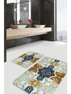 Rem Home Remhome 2'li Set Bebek Mavi Zeminde Etnik Motifli Suluboya Desenli Vintage Klasik 2'li Banyo Paspas Takımı Takım Banyo Paspası