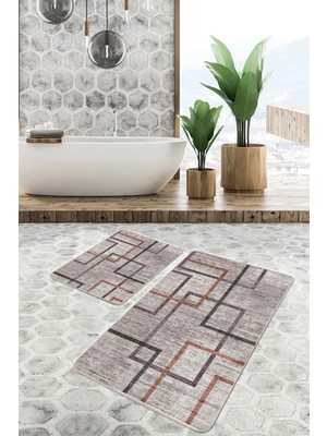 Rem Home Remhome Kahverengi Zeminde Geometrik Motifli Örme Desenli Geometrik Eskitme Motifli 2'li Banyo Paspas Takımı Takım Banyo Paspası