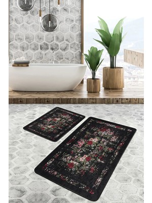 Rem Home Remhome Siyah - Kırmızı Zeminde Çiçek Motifli Eskitme Floral Eskitme Motifli 2'li Banyo Mutfak Paspas Takımı Takım Banyo Paspası