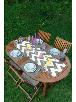 Rem Home Remhome Flamingo Desenli 1 Adet Runner & 4 Adet Koyu Gri Renkli Amerikan Servis
