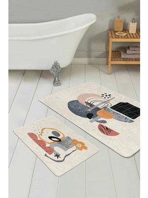 Rem Home Remhome Soyut Tasarımlı Dijital Baskılı 2'li Kaymaz Tabanlı Banyo & Mutfak Paspas Takımı Takım Banyo Paspası