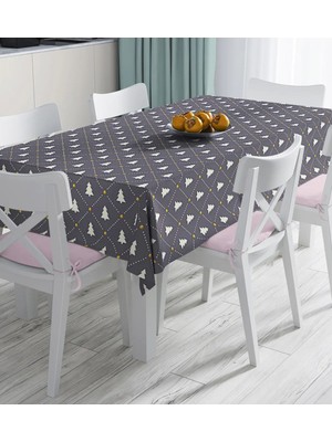 Rem Home Remhome Gri Zeminde Gold Puantiyeli Çam Ağacı Desenli Dijital Baskılı Masa Örtüsü 90 x 90 cm