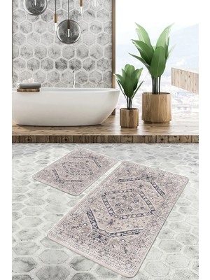 Rem Home Remhome 2'li Set Krem Zeminde Vintage Motifli Hereke Avangarde Eskitme Motifli 2'li Banyo Paspas Takımı Takım Banyo Paspası