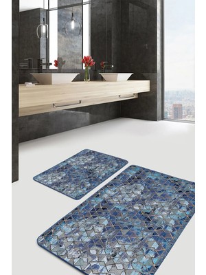 Rem Home Remhome Gold - Mavi Zeminde Geometrik Motifli Eskitme Eskitme Motifli Geometrik 2'li Banyo Paspas Takımı Takım Banyo Paspası