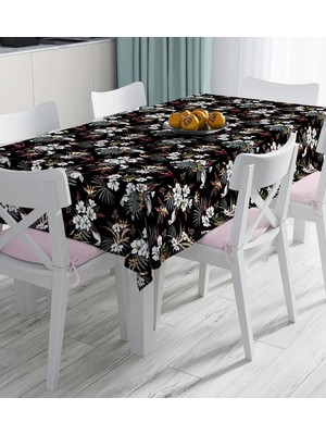 Rem Home Remhome Siyah Zemin Üzerinde Beyaz Çiçek Desenli Dijital Baskılı Masa Örtüsü 90 x 90 cm