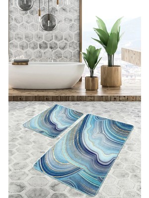 Rem Home Remhome Gold - Turkuaz Zeminde Mermer Motifli Modern Sanat Modern Sade Şık 2'li Banyo Mutfak Paspas Takımı Takım Banyo Paspası