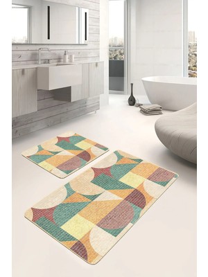 Rem Home Remhome 2'li Set Rengarenk Zeminde Art Deco Motifli Kilim Desenli Geometrik Klasik 2'li Banyo Paspas Takımı Takım Banyo Paspası