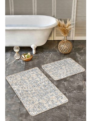 Rem Home Remhome Krem Mavi Zemin Kanvas Motifli Fırça Darbeleri Desenli Eskitme Motifli 2'li Banyo Paspas Takımı Takım Banyo Paspası