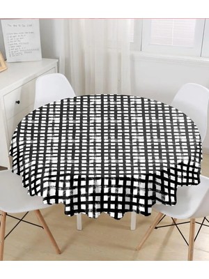 Rem Home Remhome Siyah Zeminde Geometrik Kare Motifli Yuvarlak Masa Örtüsü  Çap 140 cm 140 x 140 cm