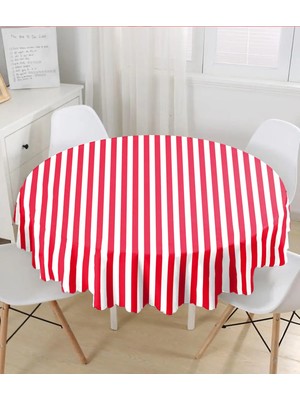 Rem Home Remhome Kırmızı Beyaz Düz Çizgi Tasarımlı Dijital Baskılı Yuvarlak Masa Örtüsü - Çap 140CM 140 x 140 cm