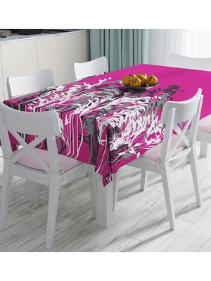Rem Home Remhome Fuşya Zeminde Beyaz ve Gri Çiçek Motifli Dijital Baskılı Masa Örtüsü 90 x 90 cm