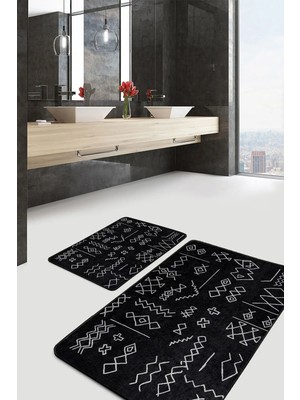 Rem Home Remhome Siyah Zeminde Kilim Motifli Beyaz Baklava Geometrik Etnik Motifler 2'li Banyo & Mutfak Paspas Takımı Takım Banyo Paspası