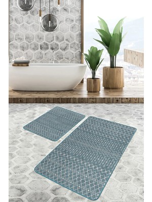 Rem Home Remhome Mavi Zeminde Etnik Motifli Örgü Desenli Etnik Motifler Vintage 2'li Banyo & Mutfak Paspas Takımı Takım Banyo Paspası